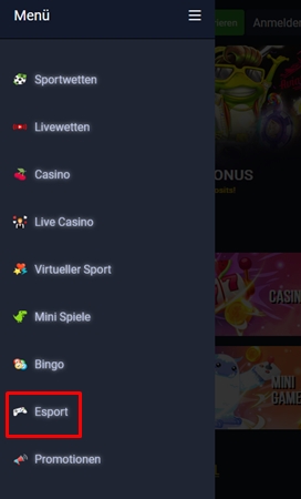 Wo finde ich das Menü, um auf esport zu wetten?