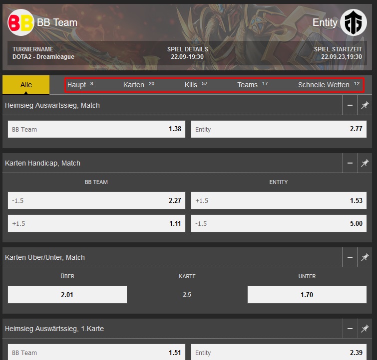 Beispiel für mögliche Wetten auf das Spiel DOTA 2